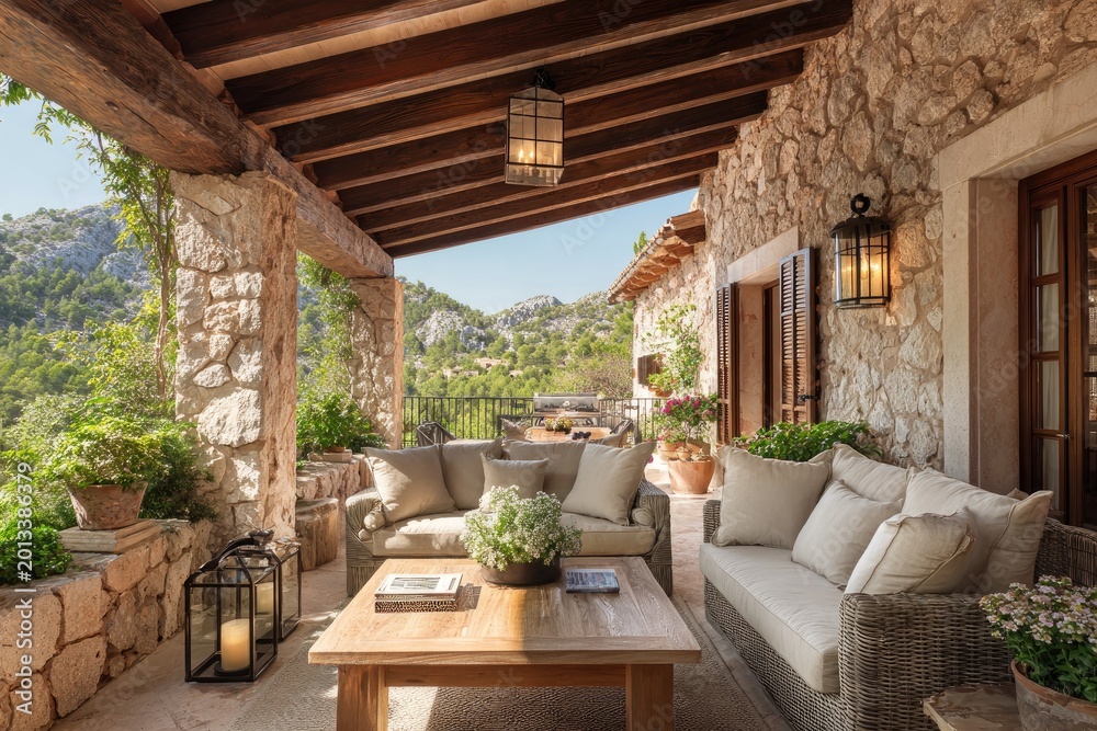 Fototapeta premium Stone patio with seating and mountain views
