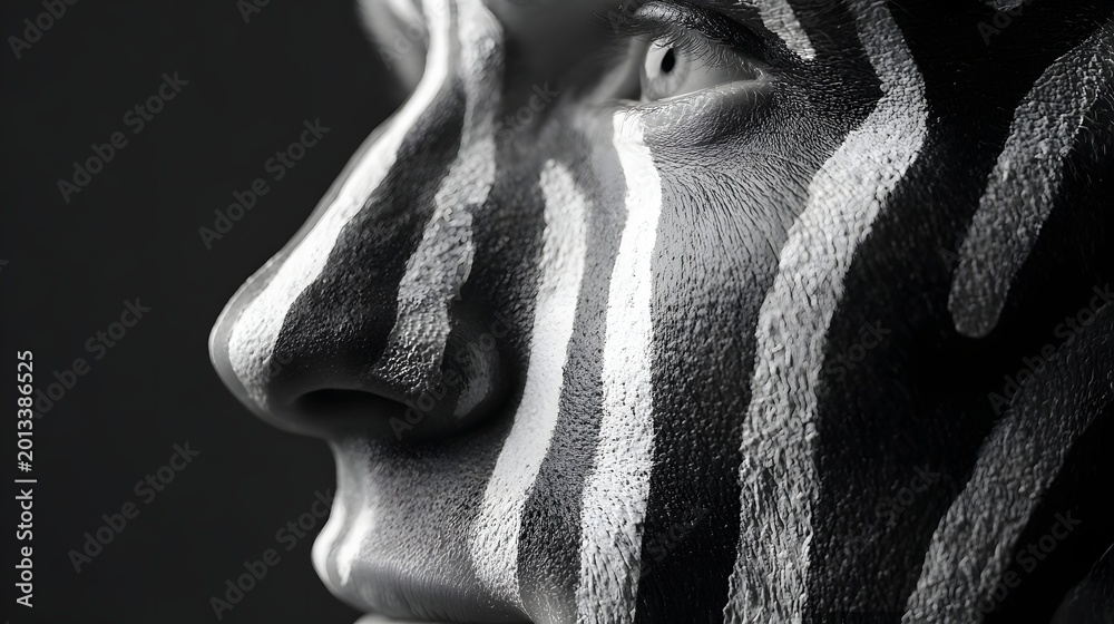 Fototapeta premium Close Up Black and White Face Paint Zebra Stripes.