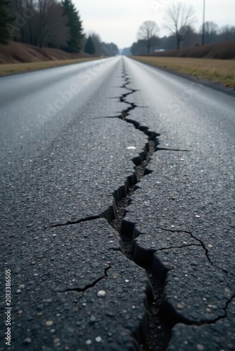 A long, deep fissure splitting an asphalt road surface, extending towards a distant horizon under a muted sky