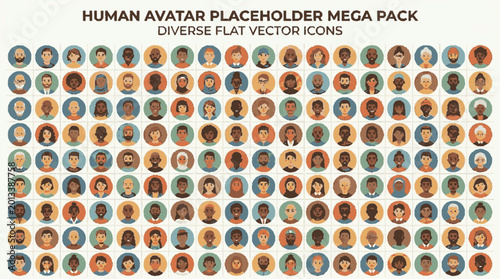Diverse flat vector human avatar placeholder icons featuring a variety of faces in circular frames for design projects