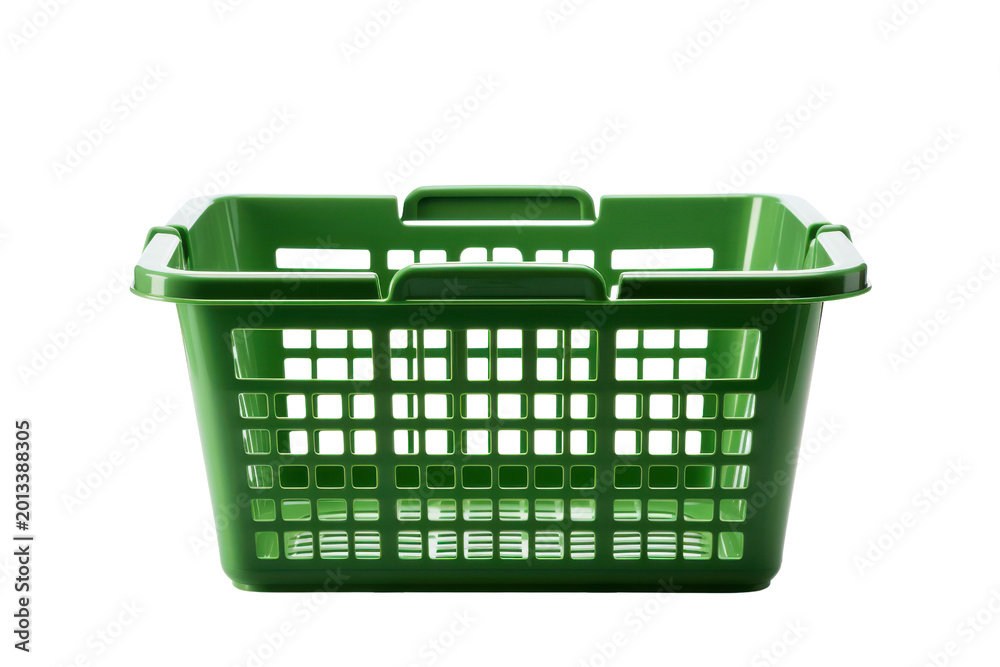 Fototapeta premium Green plastic laundry basket with handles on black background container, Isolated On Transparent Background, Png Cut Out