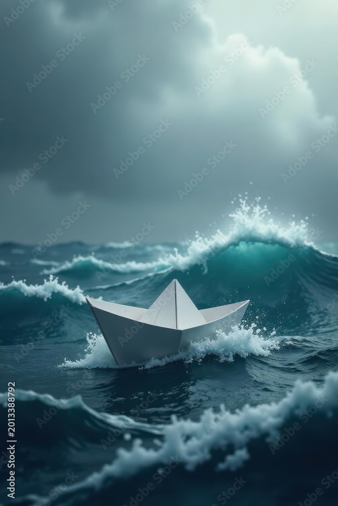 Obraz premium A fragile paper boat bravely navigates tumultuous ocean waves under a stormy sky, symbolizing resilience and the unpredictable nature of life's journey.