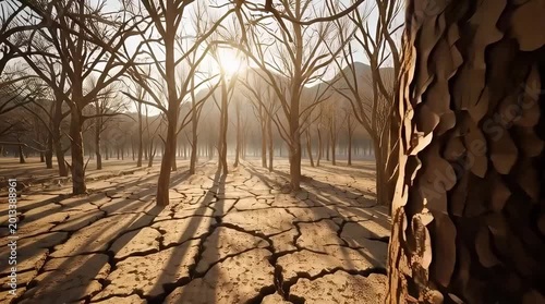 Barren Dead Forest on Cracked Dry Ground with Long Shadows