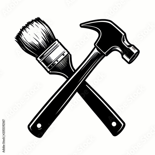 Paintbrush and Hammer Crossing Tools Concept for Creative Design