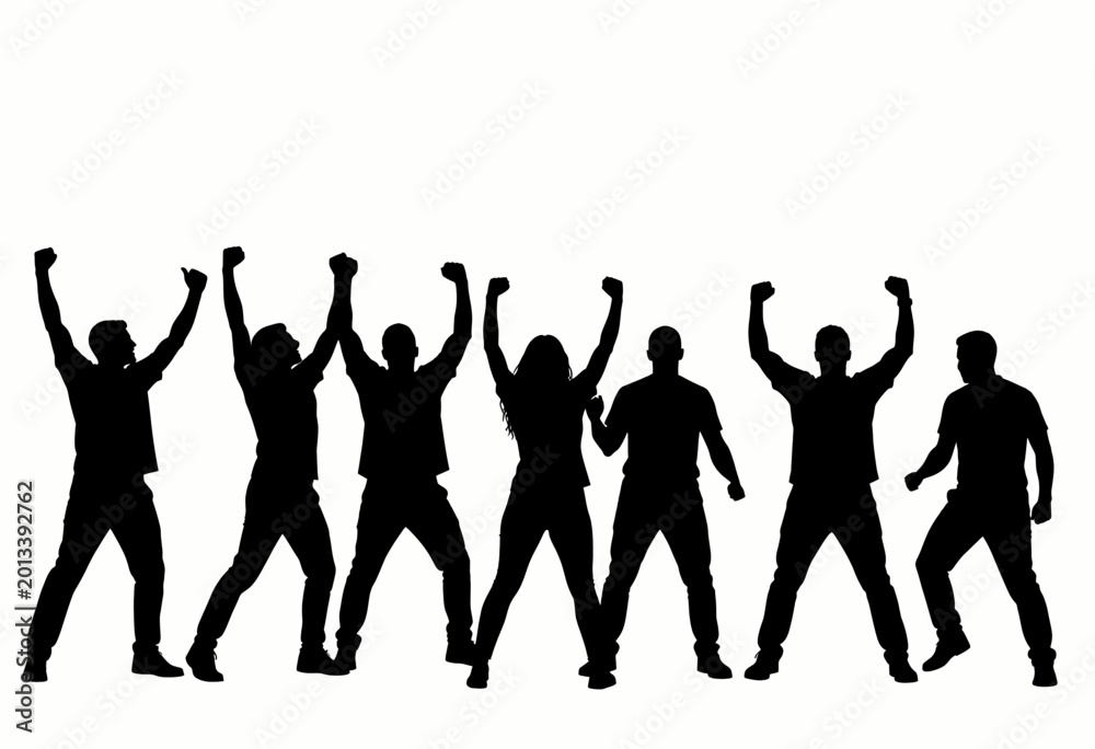 Fototapeta premium Silhouette of Diverse Group Cheering and Celebrating Together in a Large Open Space Photograph