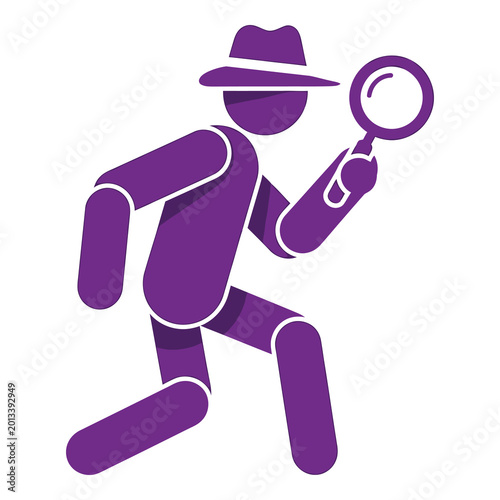 Photos Purple cartoon detective character running with magnifying glass in hand icon