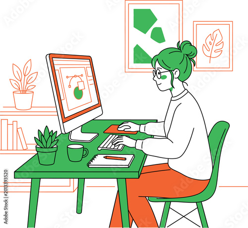 A graphic designer working on a computer at a desk in a creative office