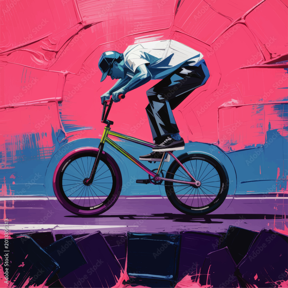Naklejka premium Urban BMX rider performing street stunt in vibrant neon graffiti style, colorful abstract tunnel background, modern digital art