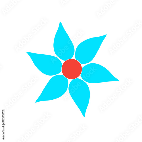 Canvas-taulu Minimalist six petal blue floral icon with red centre, graphic illustration art