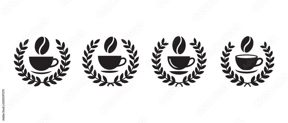 Fototapeta premium Coffee cup and bean icons with laurel wreaths.