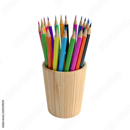 A wooden pencil holder filled with a variety of colorful sharpened drawing pencils.