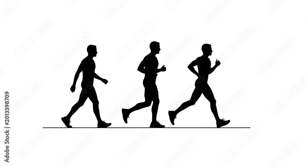Fototapeta premium Black Silhouette Runners Moving Across Minimal White Background