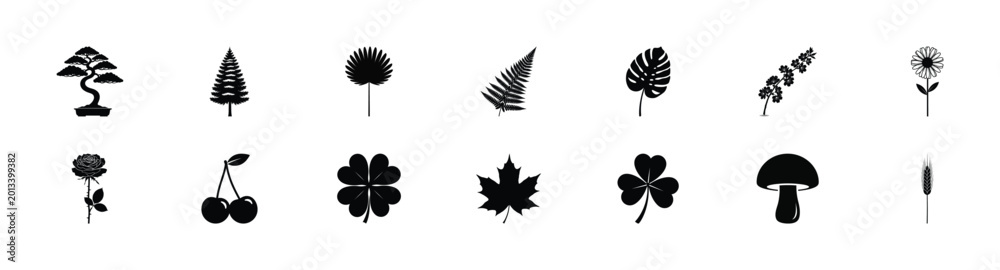Fototapeta premium A collection of simple black and white icons representing nature and plants.