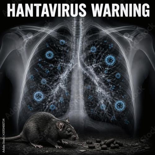 hantavirus warning x ray clinical ominous medical rat droppings blue glow viruses lung infection danger charcoal background bold white text disease transmission pulmonary risk grayscale chest scan bio