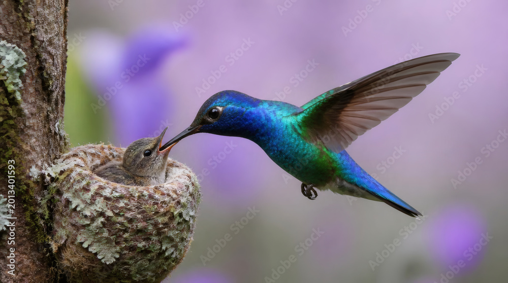 Naklejka premium hummingbird feeding chick in nest vibrant iridescent blue green plumage long beak tender maternal care delicate nest soft lavender gradient background morning light wildlife photography nature beauty
