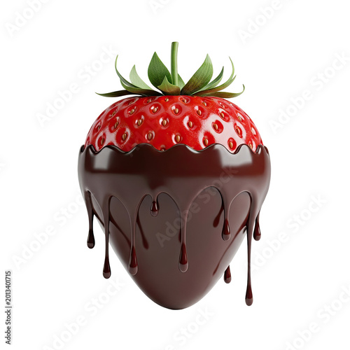A single fresh strawberry dipped in rich dark chocolate with drips.