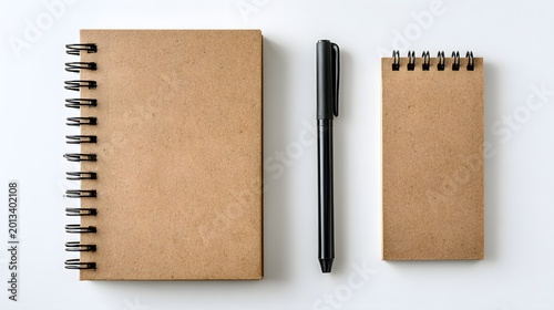Two Kraft Paper Notebooks and a Black Pen on a White Background.
