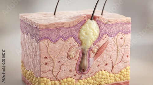 Detailed 3D anatomical illustration of human skin cross-section revealing an inflamed hair follicle with pus, indicative of acne.