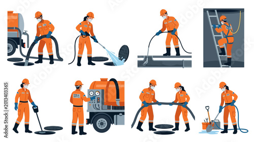 Professional sewer cleaning workers in orange uniforms performing maintenance tasks with specialized tools and heavy equipment