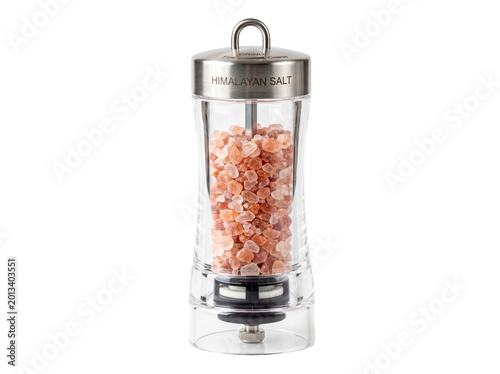 фотографія Clear acrylic salt grinder with pink himalayan rock salt inside spice grinder ki