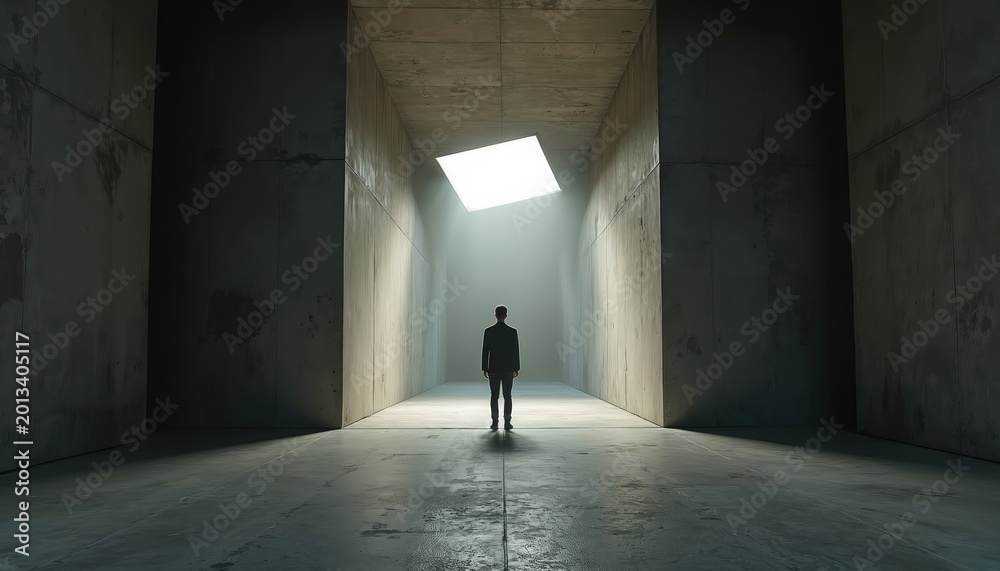 Fototapeta premium Man stands in stark concrete corridor looking toward bright light source above. Minimalist interior design creates sense of isolation and mystery. Futuristic architecture emphasizes empty space.