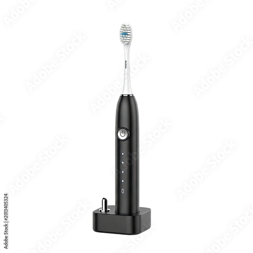 Modern black electric toothbrush on a charging base isolated on white background.