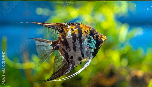 A graceful angelfish with silvery stripes and elongated fins swims in a green‑tinted aquarium, its delicate colors glowing softly against rocks and water reflections.