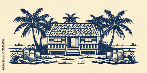 Tableau sur toile tropical beach hut illustration with palm trees and thatched roof
