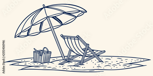 Bild auf Leinwand Beach scene with umbrella and deck chair simple line drawing