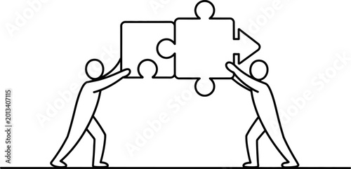 Konstfotografi Two stick figures working together to connect puzzle pieces forming an arrow sha