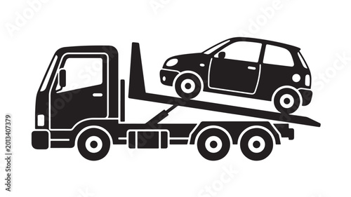 Valokuva Tow truck transporting a compact car on a multi-wheel flatbed, bold silhouette s