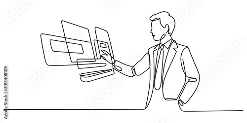 Businessman in a suit interacting with a digital holographic interface using one continuous line drawing art style for business and technology Vector, illustration