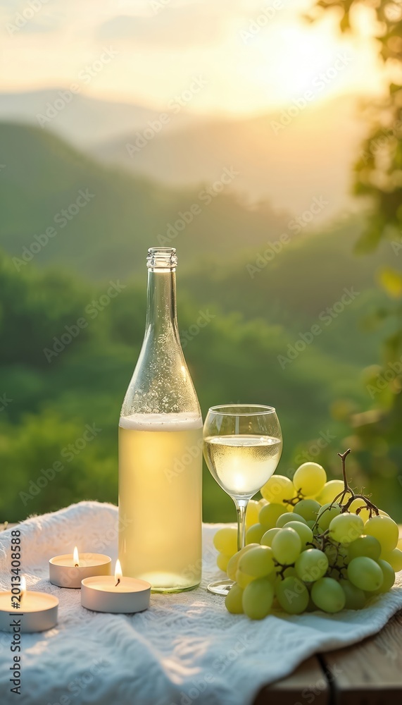 Naklejka premium Bottle and glass of white wine with grapes and candles on table. Evening sunset over green hills. Outdoor picnic setting with soft warm light. Romantic atmosphere for celebration or relaxation.