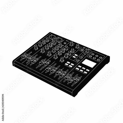 Audio mixing console features multiple faders and knobs for professional sound engineering and music production environments in a detailed isometric vector style.