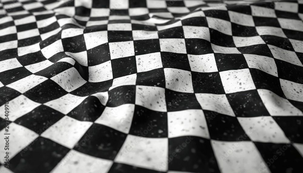 Obraz premium Wavy black and white checkered pattern with vintage texture distorts perspective. Abstract graphic surface with geometric shapes and illusory effect.