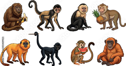 Photography Diverse Monkey and Primate Character Set Featuring Various Species Eating Fruit