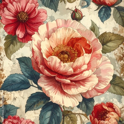 Vintage Botanical Peony Illustration With Pink And Red Flowers On Textured Cream Background In Classical Painterly Style With Green Leaves