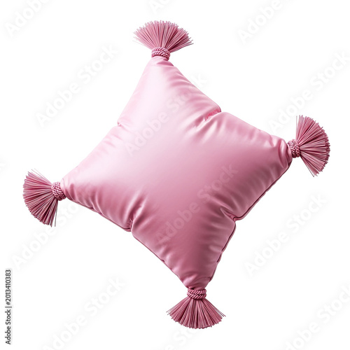 Pink velvet throw pillow with decorative tassels isolated on white background.