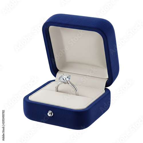 Elegant diamond engagement ring presented in a luxury blue velvet jewelry box.