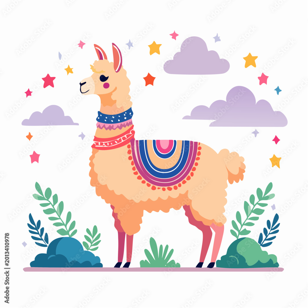Fototapeta premium Cute Cartoon Llama with Colorful Blanket and Stars