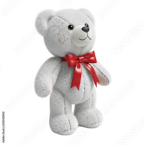 A cute grey plush teddy bear with a bright red ribbon bow isolated on white background.
