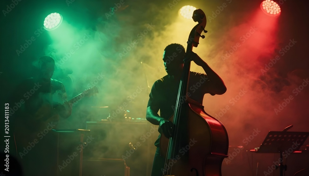 Fototapeta premium A man plays bass on stage, illuminated by colorful lights, celebrating Black Music Month and African American musical heritage