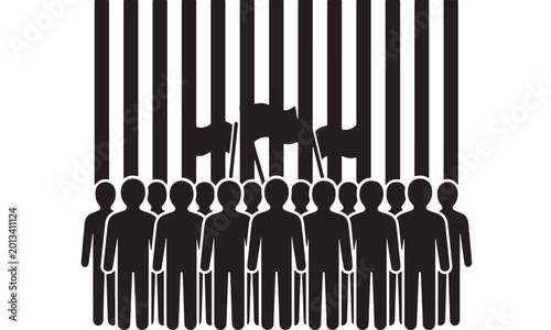 Tableau sur toile People silhouettes with raised rifles and stacked vertical bars, symbolizing gro
