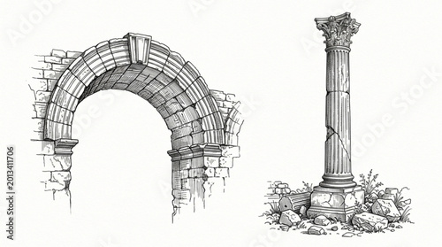 Photos Ancient Roman Arch and Column Architectural Elements.