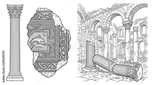 Canvastavla Ancient Roman architectural elements and mosaic fragment illustration