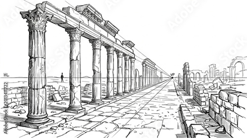 Fotografie Ancient Roman architectural ruins with columns and stone pathway.