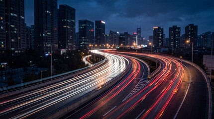 Fotobehang Snelweg bij nacht Snelweg bij nacht met lichtsporen stad  © Michelle