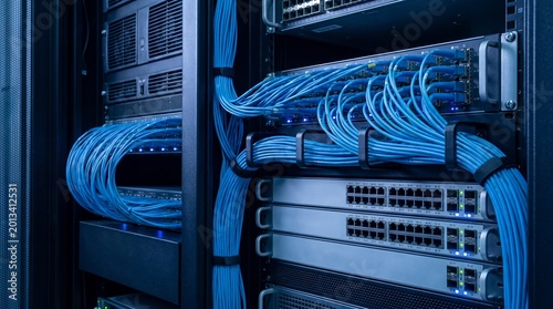 Foto Close-up of server racks with neatly arranged blue network cables, showcasing modern data center infrastructure