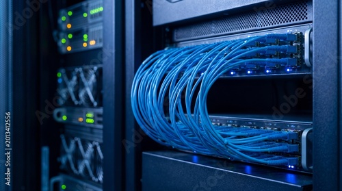 Tableau sur toile Server room interior with multiple racks of equipment, highlighting blue network cables and blinking lights