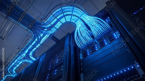 Tableau sur toile Low angle view of glowing blue network cables running through server racks in a high-tech data center